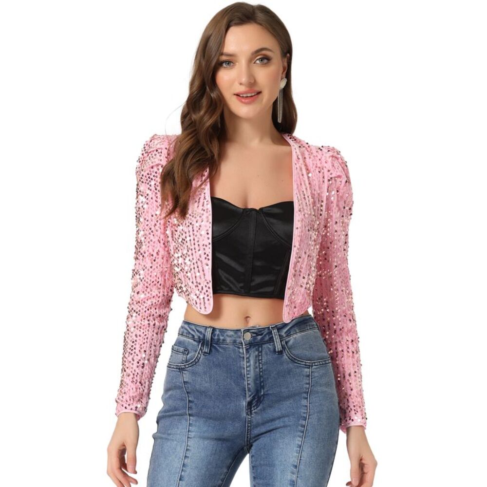 Sequin Shrug Open Front Collarless Party Glitter Sparkly Crop Jacket Pink